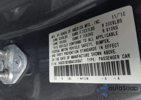 2011 Honda Accord 2.4 Lx-S from USA, damaged, VIN 1HGCS1B36BA006887